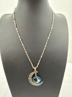 Celestial Whimsical Silver Crescent Moon Galaxy Pendant Necklace Whimsigoth